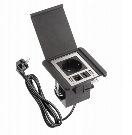 Prize incorporabile in blat - Priza incorporabila Flip cu 1 priza Schuko,1 port HDMI, 1 port RJ45 si 2 porturi incarcare USB de tip A  finisaj negru