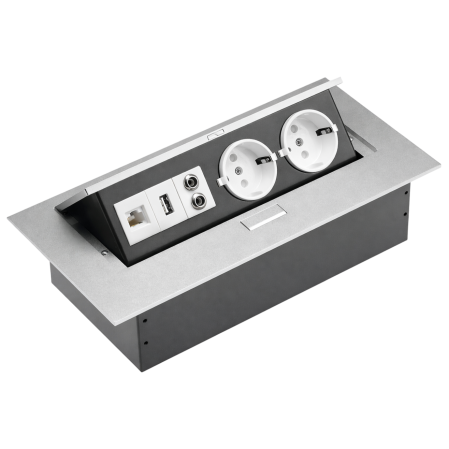 Priză încorporabilă în blat GTV, 2 prize Schuko, USB, LAN, 2 RCA, aluminiu, 265 x 130 mm [0]