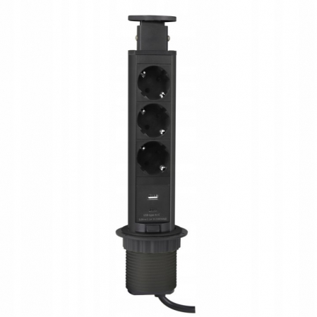 CASA SI GRADINA - Coloana 3 prize Schuko, 1 port incarcare USB tip A si 1 port incarcare USB tip C, incorporabila in blat Lift Box, finisaj negru