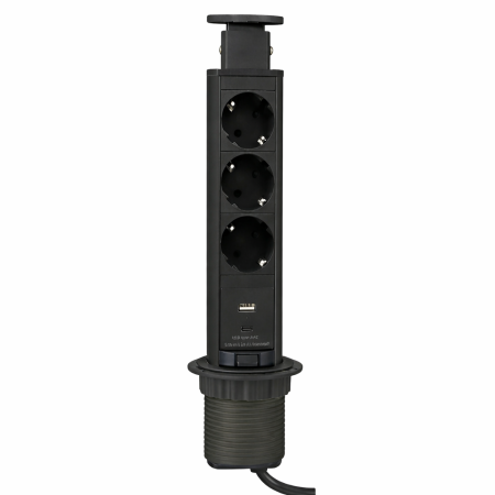 Prize încorporabile în blat - Coloana 3 prize Schuko, 1 port incarcare USB tip A si 1 port incarcare USB tip C, incorporabila in blat Lift Box, finisaj negru