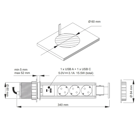 Coloana 3 prize Schuko, 1 port incarcare USB tip A si 1 port incarcare USB tip C, incorporabila in blat Lift Box, finisaj negru [4]