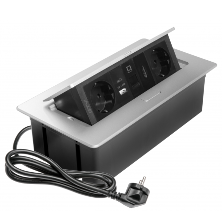 Prize incorporabile in blat - Priza incorporabila in blat Multi Soft, cu 2 prize Schuko, 2 porturi incarcare USB tip A + C, 1 port HDMI si 1 port RJ45, finisaj aluminiu