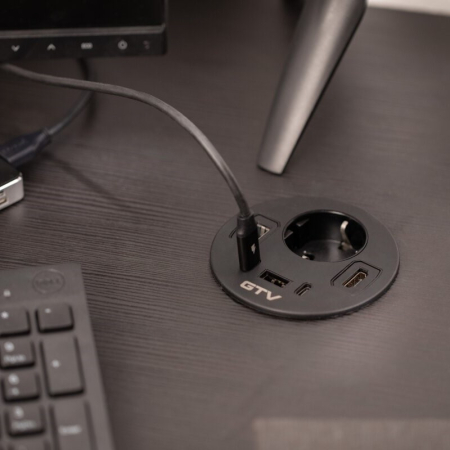 Priză încorporabilă în blat Rondo GTV, 1 priză Schuko, 1 x USB A, 2 x USB C, HDMI, RJ45, negru, D:90 mm [5]