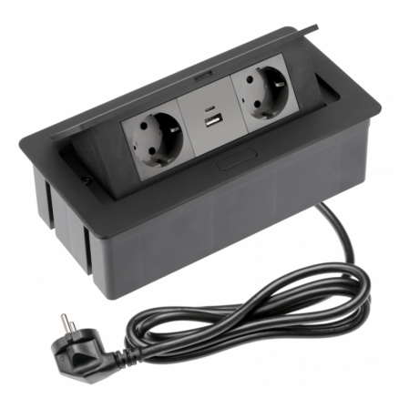 Prize incorporabile in blat - Priza incorporabila in blat Soft, cu 2 prize Schuko si 2 porturi incarcare USB tip A+C, finisaj negru