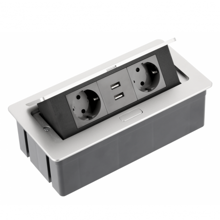 Prize incorporabile in blat - Priza incorporabila in blat Soft, cu 2 prize Schuko si 2 porturi incarcare USB tip A, finisaj aluminiu