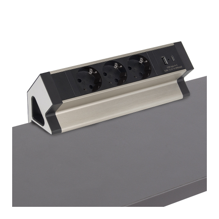 Priză pentru birou Design Light Desk Box, 3 prize Schuko, USB A + C, oțel periat / negru, 244 x 82 mm [4]