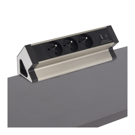Priză pentru birou Design Light Desk Box, 3 prize Schuko, USB A + C, oțel periat / negru, 244 x 82 mm [1]
