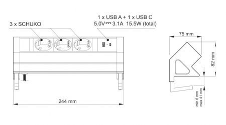 Priză pentru birou Design Light Desk Box, 3 prize Schuko, USB A + C, oțel periat / negru, 244 x 82 mm [5]