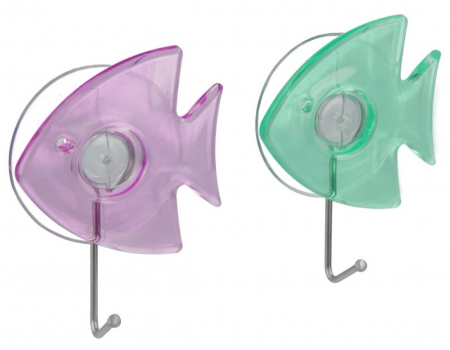 Cârlige baie - Set 2 cuiere cu ventuze, forma pesti, mov/verde