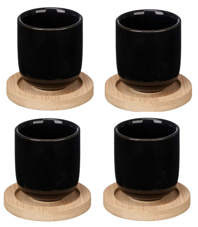 Accesorii bar - Set 4 pahare negre cafea din ceramica cu suport bambus