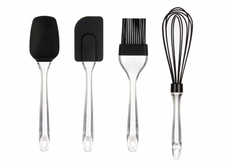 Accesorii pentru gatit - Set 4 ustensile de bucatarie din silicon cu maner de plastic, negru/transparent