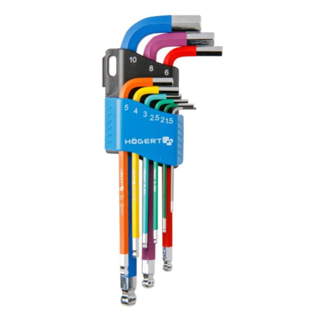 Accesorii diverse - Set 9 chei imbus lungi Högert Technik, cu capăt sferic, colorate, 1,5–10 mm