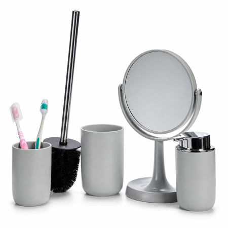 Organizatoare baie - Set accesorii baie Berilo, oglindă, dozator de săpun, pahar și perie WC, gri