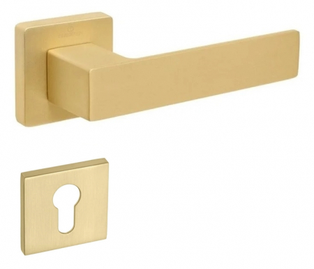 Manere usa cu cilindru - Set maner usa cu cilindru Cube, cu rozeta patrata, finisaj alama satin CB