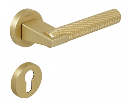 Manere usa cu cilindru - Set maner usa cu cilindru Dora Knurling, cu rozeta rotunda, finisaj alama satin CB