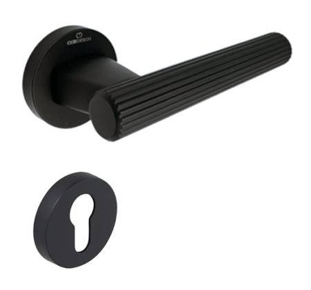 Manere usi - Set maner usa cu cilindru Fugi Straight, cu rozeta rotunda, finisaj negru mat CB