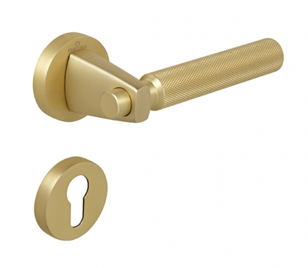Manere usa cu cilindru - Set maner usa cu cilindru Hana Knurling, cu rozeta rotunda, finisaj alama satin CB