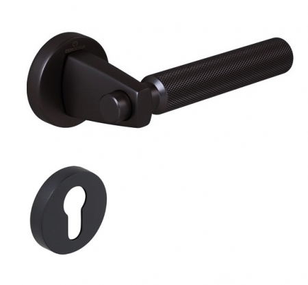 Manere usi - Set maner usa cu cilindru Hana Knurling, cu rozeta rotunda, finisaj negru mat CB