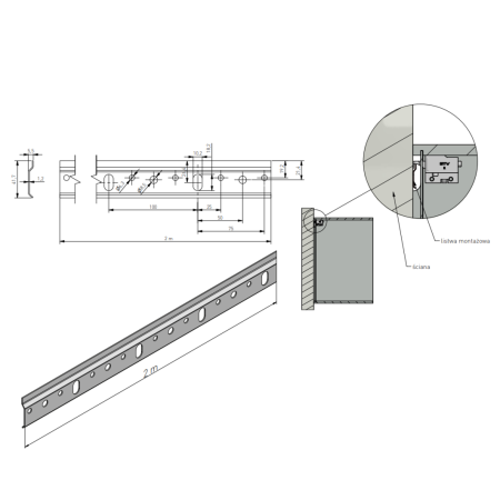 Șină suspendare corpuri mobilier GTV, 2000 x 42 mm [1]