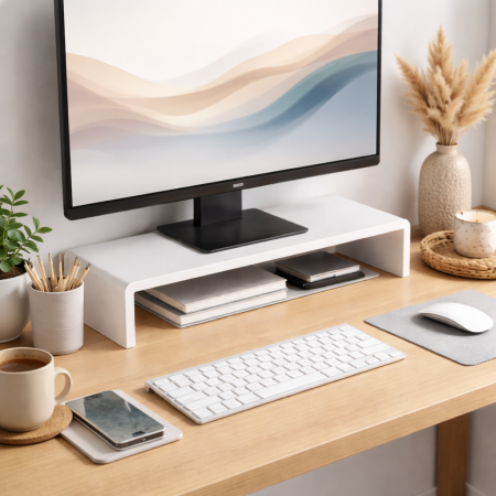 Suport din bambus pentru monitor Elaro Tip 1, finisaj alb, 60x20x13 cm [2]