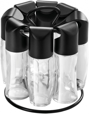 Suporturi de bucatarie - Suport pentru condimente carusel Spice 8 cu 8 recipiente din sticla cu capace negre