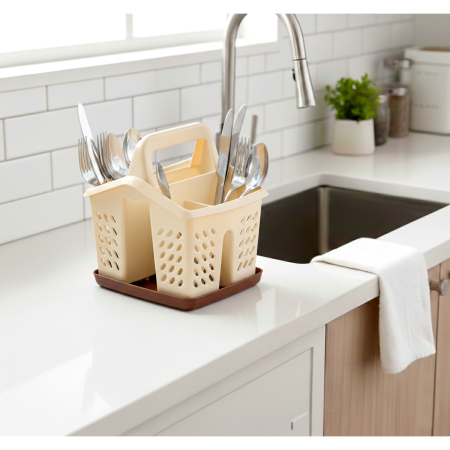 Suport/scurgator tacamuri si ustensile de bucatarie, maro/crem [3]