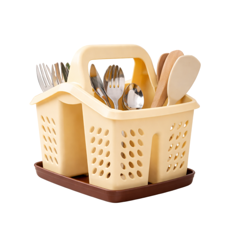 Scurgatoare pentru vase si ustensile - Suport/scurgator tacamuri si ustensile de bucatarie, maro/crem