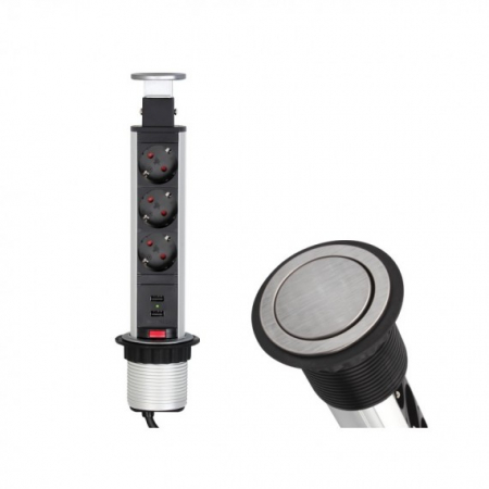 Prize incorporabile - Lift Box - Coloana 3 prize Schuko si doua USB incorporabila in blat, finisaj inox