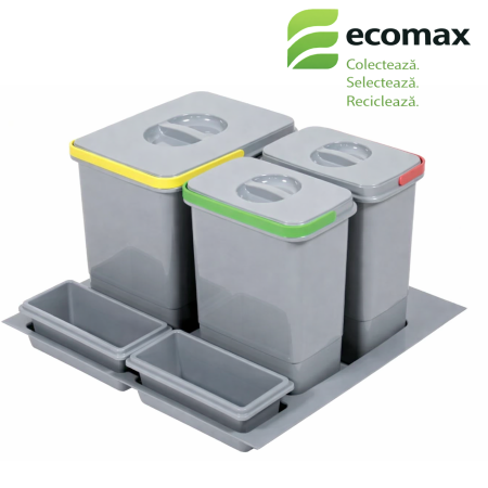 Accesorii mobila - Praktico - Coș de gunoi încorporabil în sertar, colectare selectivă, 3 recipiente, pentru corp de 600 mm (H:300 mm)