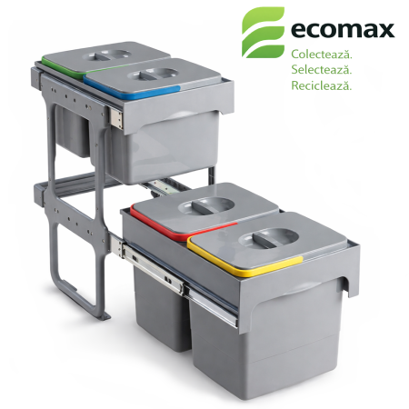 Cosuri gunoi incorporabile - Tandem Short - Coș de gunoi încorporabil, colectare selectivă, cu 2 compartimente x 15 litri și 2 compartimente x 12 litri