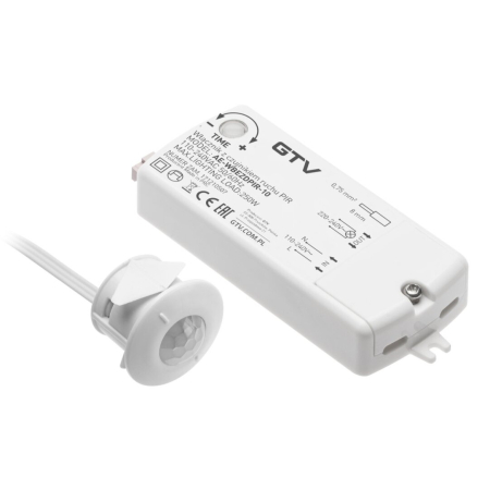 Întrerupătoare bandă LED - Întrerupător cu senzor de mișcare PIR GTV pentru iluminat LED, 250W, 100-240V AC, IP20, alb, cablu 2 m