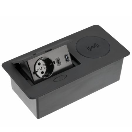 Prize încorporabile - Avaro Plus - Priză încorporabilă în blat, încărcător wireless 5W, 1 priză Schuko, USB A + C, negru