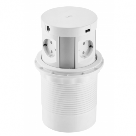 FERONERIE SI ACCESORII MOBILA - Comfort Plus - Priza incorporabila in blat, cu 4 prize Schuko, 2 porturi incarcare USB tip A si 2 porturi RJ45, finisaj alb
