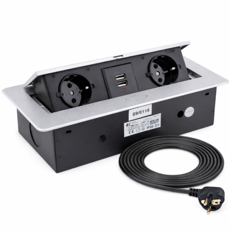 Prize încorporabile - Kombibox – Priză încorporabilă în blat, dreptunghiulară, cu 2 prize Schuko, 2 porturi USB și încărcător integrat, finisaj aluminiu