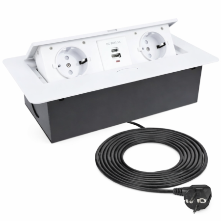 Prize încorporabile - Kombibox - Priză încorporabilă în blat, 2 prize Schuko, USB A + C, alb, 266 x 133 mm