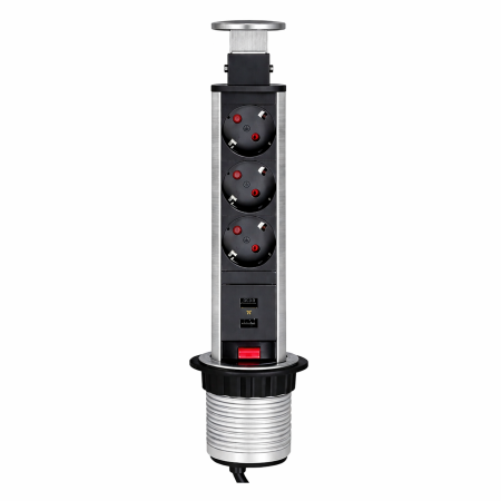 Prize încorporabile - Lift Box – Coloană încorporabilă în blat, cu 3 prize Schuko și 2 porturi USB, finisaj inox