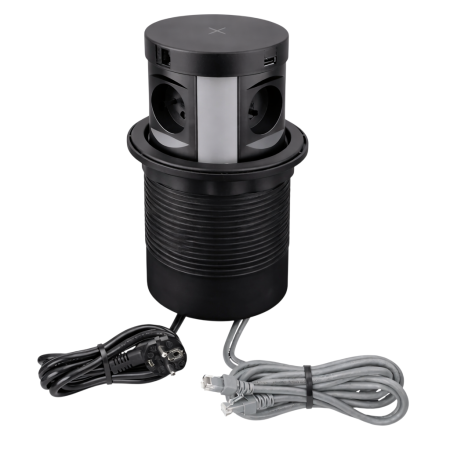 Feronerie și accesorii office - Priză încorporabilă în blat Design Light Multi Box, 4 prize Schuko, USB A + C, 2 x RJ45, încărcător wireless, negru, D:120 mm