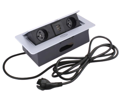 Prize incorporabile - Kombibox - Priza incorporabila in blat dreptunghiulara, finisaj aluminiu, 2 prize Schuko + 2 USB si incarcator incorporat, 266x133 cm