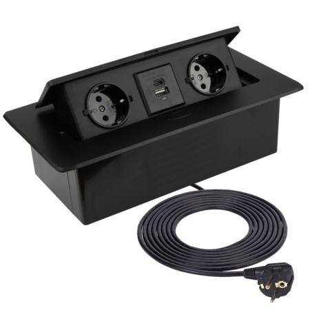 Prize incorporabile - Kombibox – Priză încorporabilă în blat dreptunghiulară, cu 2 prize Schuko, 2 porturi USB A + C și încărcător încorporat, finisaj negru, 266 × 133 mm