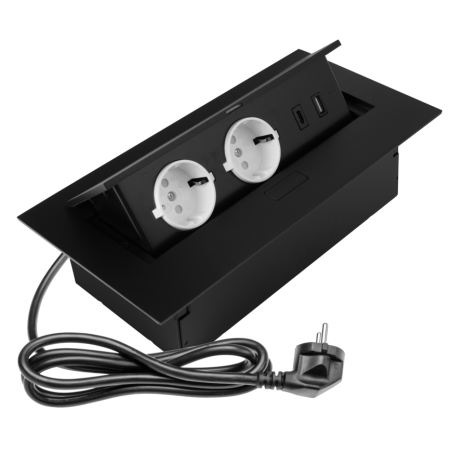 Prize încorporabile - Priză încorporabilă în blat GTV, 2 prize Schuko, USB A + C, negru, 265 x130 mm