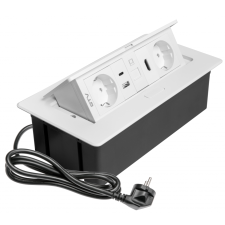 Prize incorporabile - Multi Soft - Priza incorporabila in blat, cu 2 prize Schuko, 2 porturi incarcare USB tip A + C, 1 port HDMI si 1 port RJ45, finisaj alb