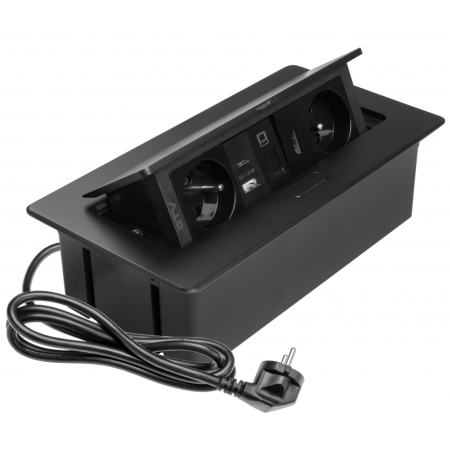 Prize incorporabile - Multi Soft - Priza incorporabila in blat, cu 2 prize Schuko, 2 porturi incarcare USB tip A + C, 1 port HDMI si 1 port RJ45, finisaj negru