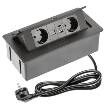 Prize încorporabile - Multi Soft GTV - Priză încorporabilă în blat, 2 prize Schuko, USB A + C, RJ45, negru, 240 x 120 mm
