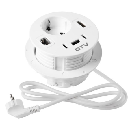 Prize încorporabile - Rondo GTV - Priză încorporabilă în blat, 1 priză Schuko, 1 x USB A, 2 x USB C, HDMI, RJ45, alb, D:90 mm