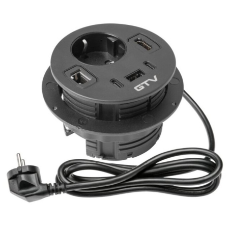 Prize încorporabile - Rondo GTV - Priză încorporabilă în blat, 1 priză Schuko, 1 x USB A, 2 x USB C, HDMI, RJ45, negru, D:90 mm