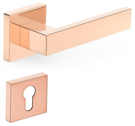 Manere usa cu cilindru - Cube - Set maner usa cu cilindru, cu rozeta patrata, finisaj cupru lucios CB