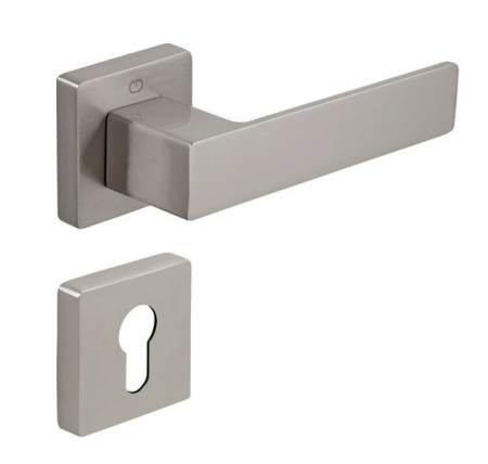 Manere usi - Cube - Set maner usa cu cilindru, cu rozeta patrata, finisaj nichel satin CB