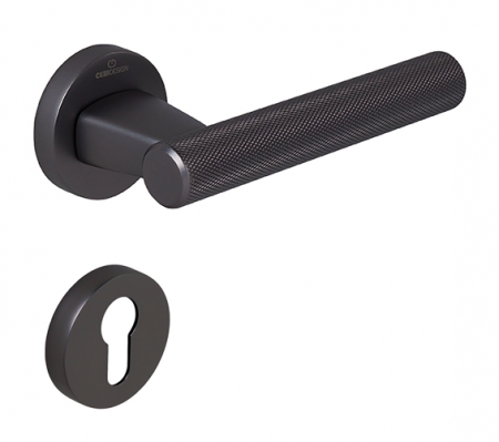 Manere usa cu cilindru - Fugi Knurling - Set maner usa cu cilindru, cu rozeta rotunda, finisaj negru gun metal CB