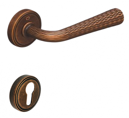 Manere usa cu cilindru - Lina - Set maner usa cu cilindru, cu rozeta rotunda, finisaj cupru antichizat CB