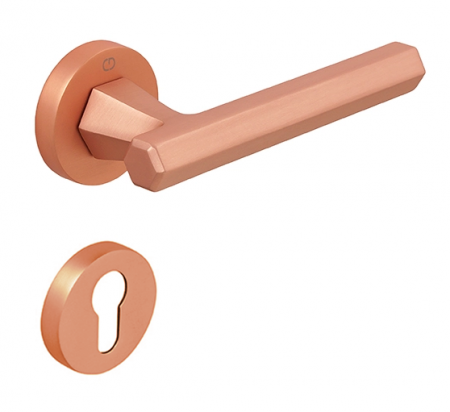 Manere usa cu cilindru - Thor - Set maner usa cu cilindru, cu rozeta rotunda, finisaj cupru satin periat CB